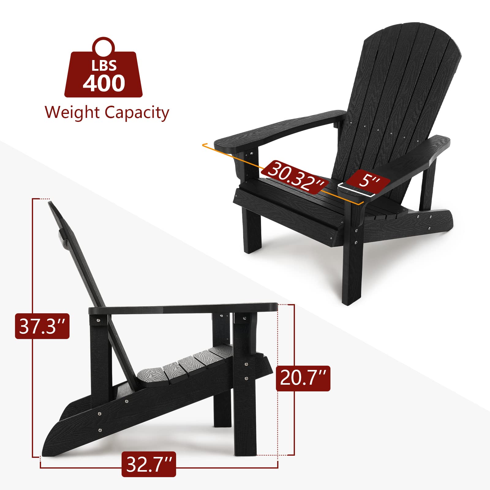 Premium All-Weather Outdoor Adirondack Chairs Set of 4 - Heavy Duty 400 lbs Weight Capacity Plastic Patio Chairs - Perfect for Backyard, Deck, Garden, Poolside & Camping - Durable Black Furniture for Relaxation