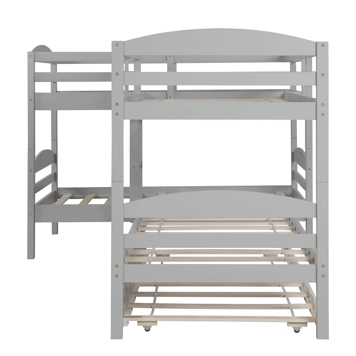 Kids Twin Over Twin L-Shaped Corner Bunk Bed with Trundle - 5 Bed Wooden Bunk Bed Frame with Full Guardrails & Flat Ladder (Gray) - Perfect for Small Bedrooms, Guest Rooms & Vacation Homes
