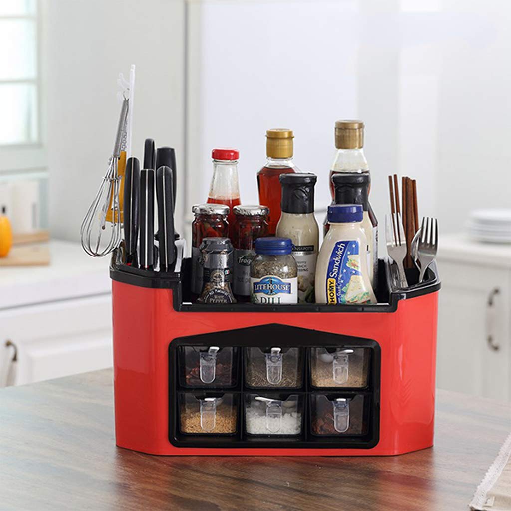 LTJTVFXQ Stainless Steel Kitchen Utensil Holder with 6 Spice Jars - Multifunctional Storage Organizer for Cutlery, Knives & Cutting Boards (23.2×12.4cm) - Perfect for Countertop Organization in Small Kitchens & Dining Areas