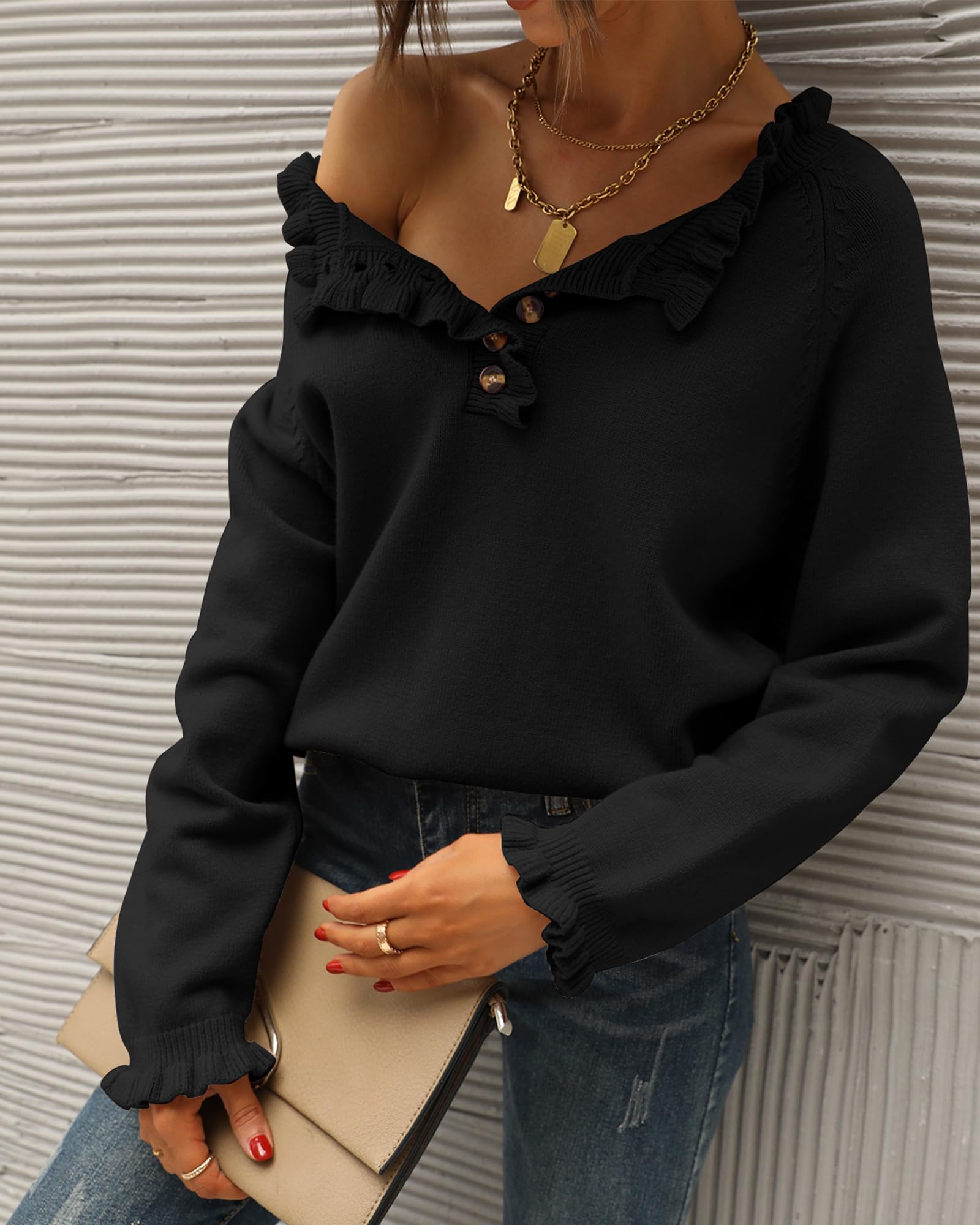 BTFBM Women's Knitted Sweater Long Sleeve Button Down Ruffle Crew Neck Pullover Top for Fall Winter 2025 | Casual Office Wear & Cozy Home Outfit