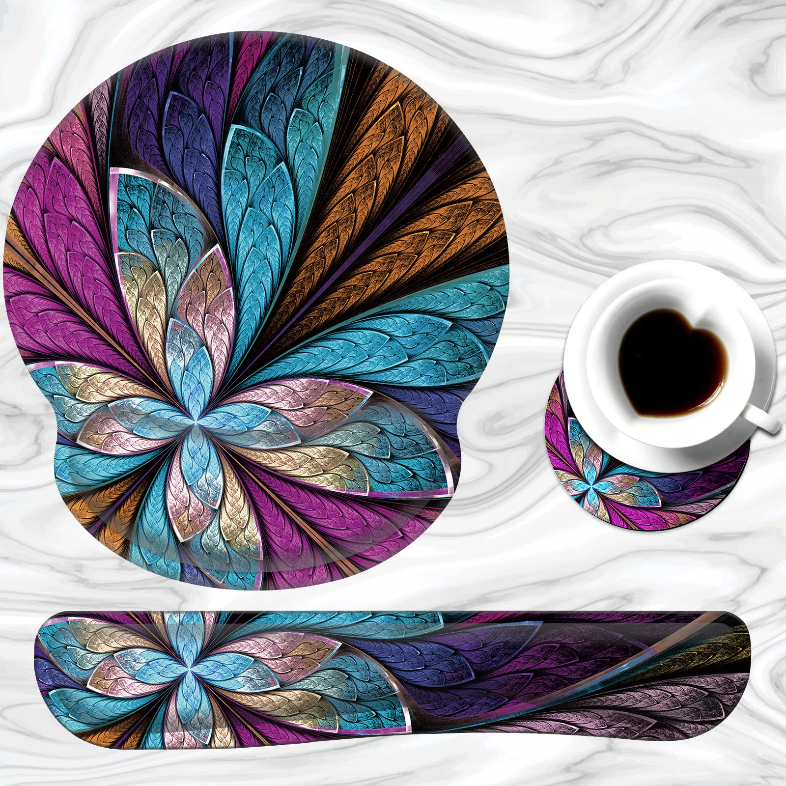 Ergonomic Keyboard Wrist Rest & Mouse Pad Support Set with Coaster - Memory Foam for Pain Relief & Comfort - Blue Fractal Flower Design for Laptop, Mac, PC - Perfect for Office, Gaming & Long Typing Sessions