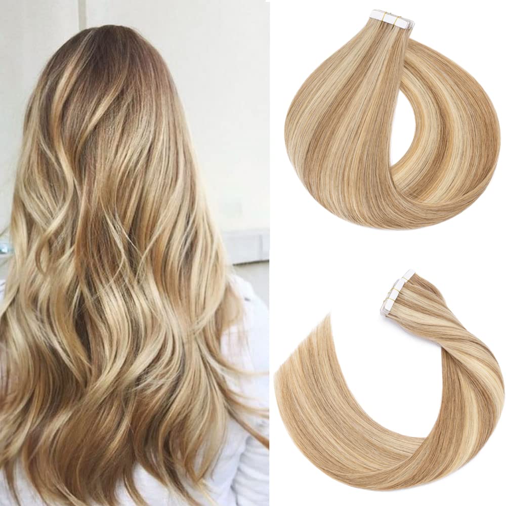 20pcs Tape in Hair Extensions 22 Inch - 100% Remy Human Hair, Double Sided, Seamless Straight, Balayage Golden Brown Highlighted Bleach Blonde (#12P613) - Perfect for Parties, Weddings & Daily Styling