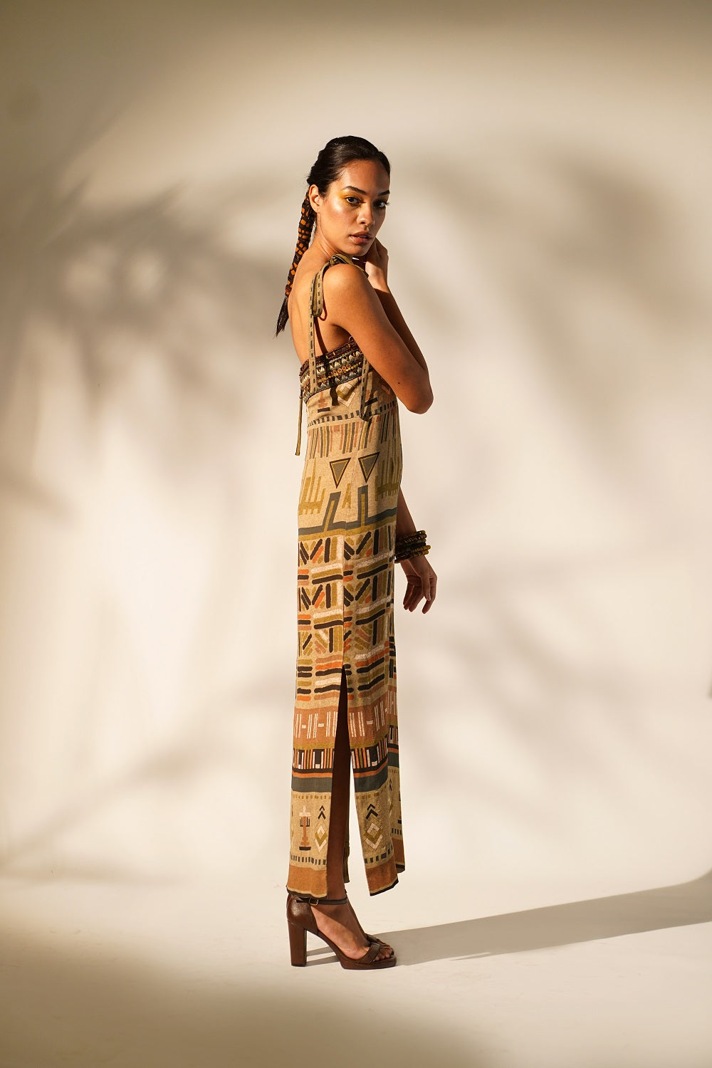 Stylish Green Aztec Print Tube Dress with Hand-Threaded Details & Wooden Embellishments | Perfect for Boho Festivals, Beach Vacations & Summer Parties