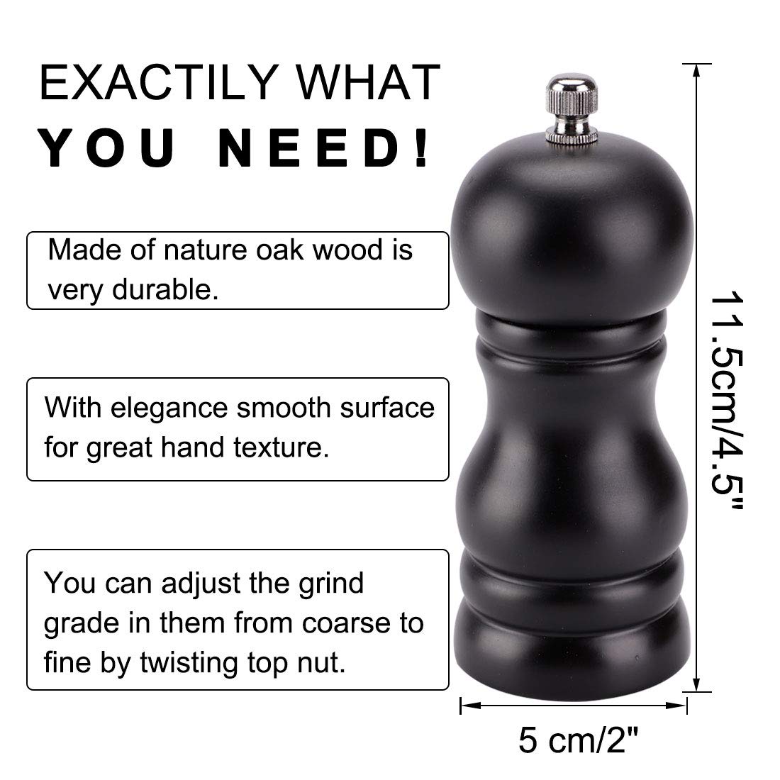 Premium 4.5 Inch Wooden Salt and Pepper Grinder Set - Adjustable Coarseness for Seasoning, Cooking & Meal Prep - Perfect for Kitchen, Dining Table & BBQ Parties (Black)