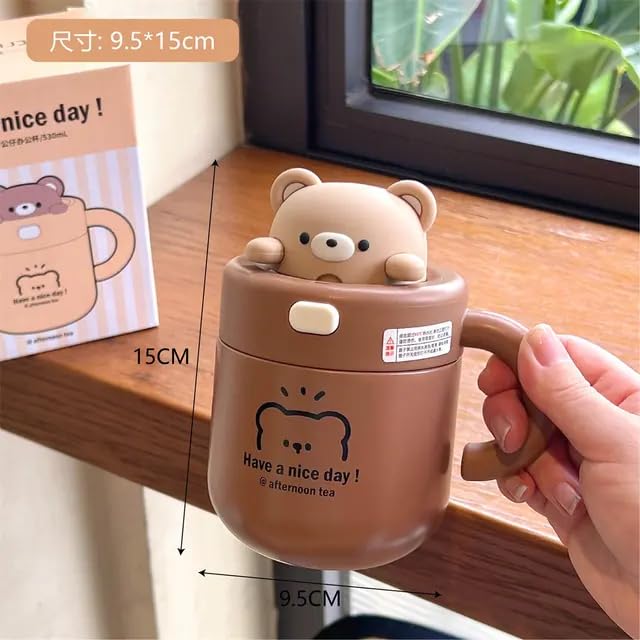 Cute Bunny Bear Stainless Steel Double Walled Vacuum Insulated 530ml Leak Proof Straw Tumbler with Lid - Insulated Coffee Mug for Hot & Cold Drinks, Perfect for Home, Office, Travel (Brown)