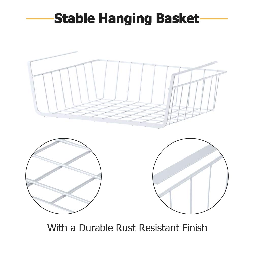 4 Pack Under Shelf Basket - Dveda Durable Metal Wire Rack Hanging Storage Organizer for Kitchen, Pantry, Bathroom & Office - White (1.45