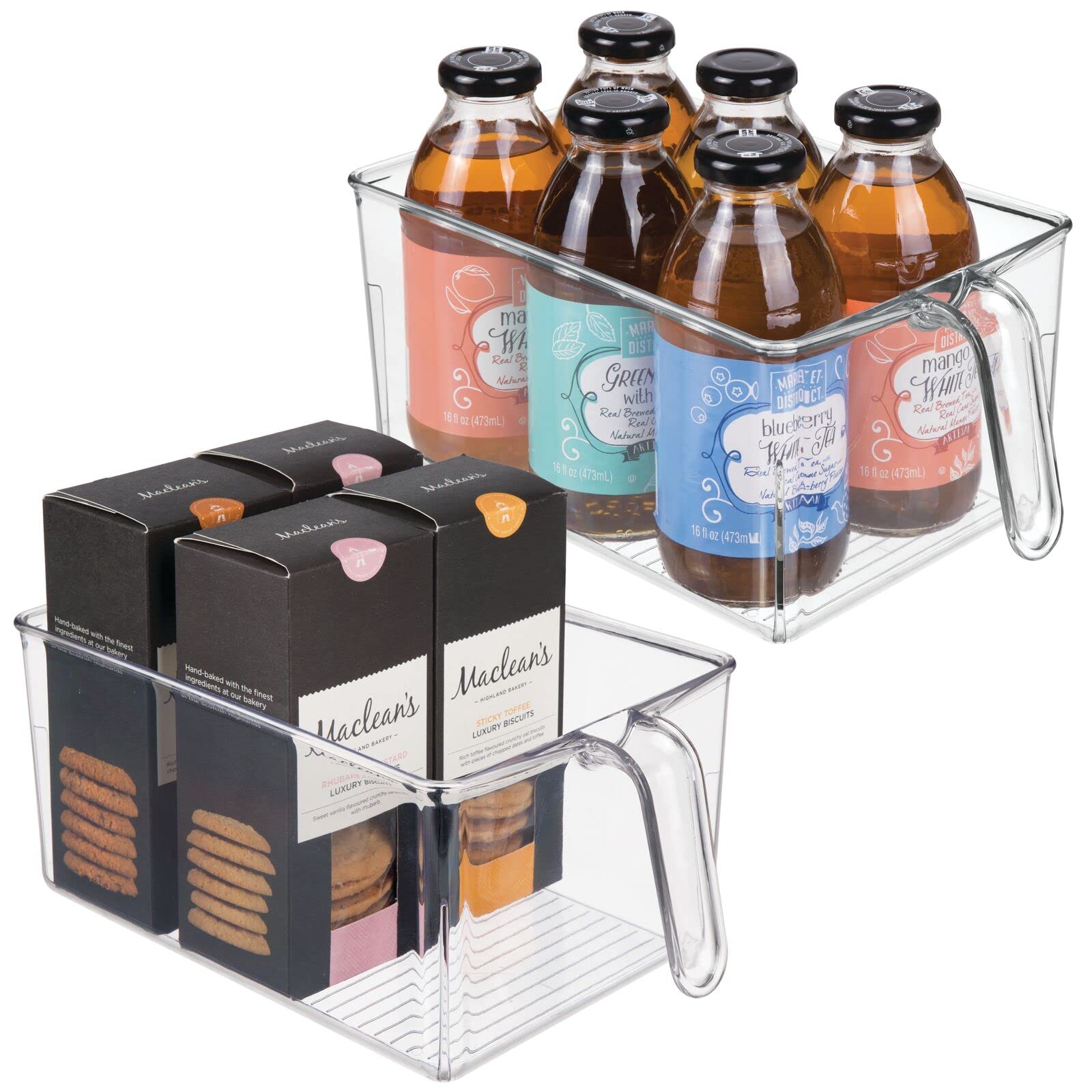 mDesign Clear Plastic Kitchen Pantry Organizer Bins with Handles - 2 Pack Large Food Storage Containers for Snacks, Produce, Pasta - Perfect for Refrigerator, Cabinet & Pantry Organization