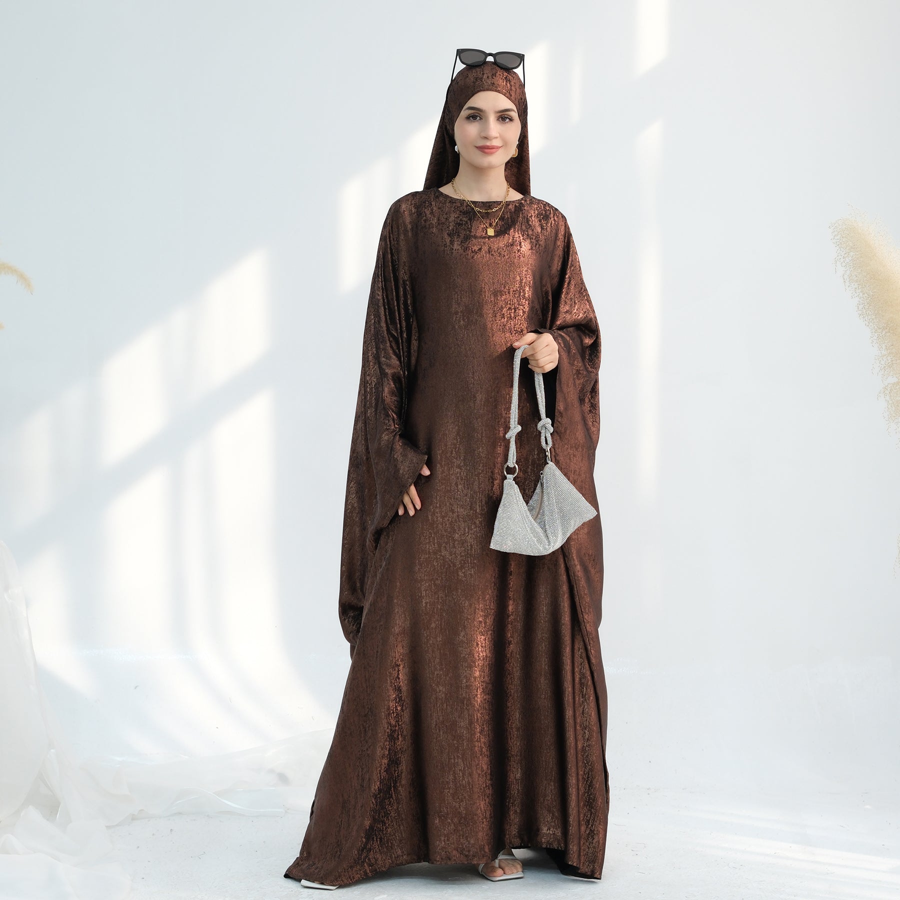 Linora Shimmer Butterfly Abaya - Elegant Brown Islamic Dress for Women | Perfect for Prayer, Eid, and Special Occasions