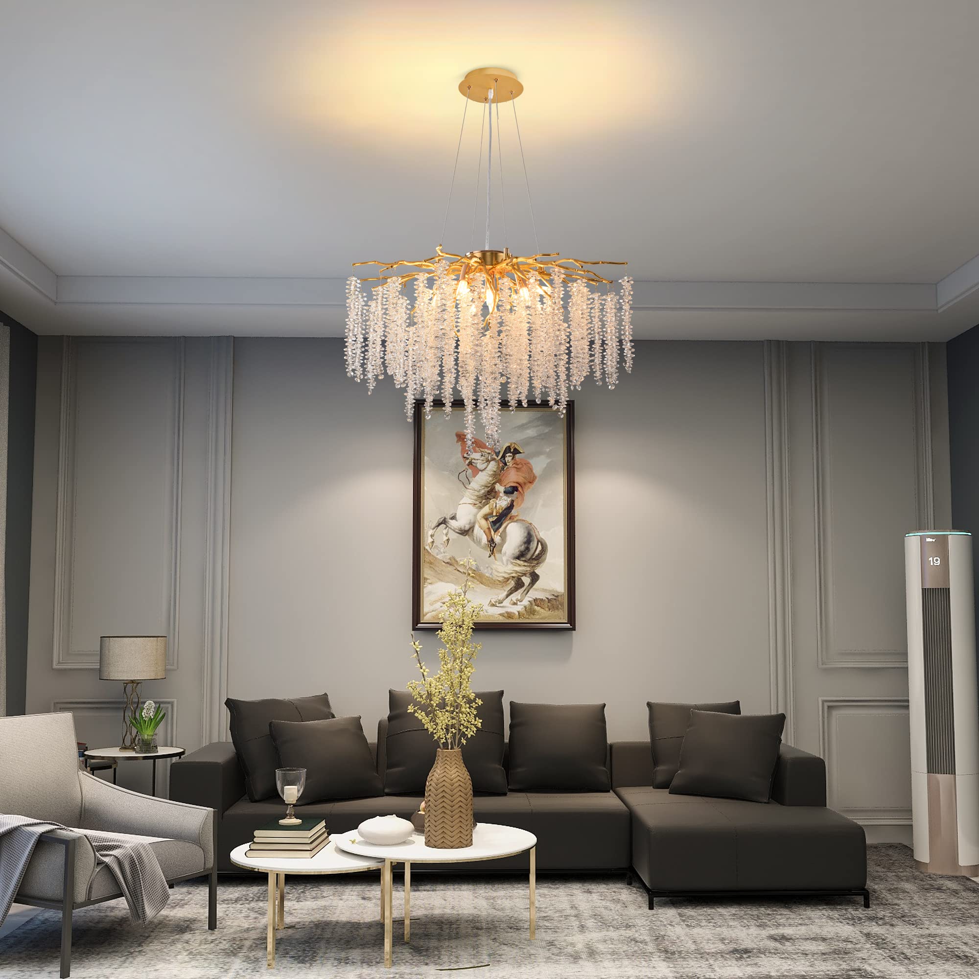 Luxury Gold Crystal Tree Branches Chandelier - 9-Light Round Raindrop Pendant Ceiling Fixture with Tassel, 23.7