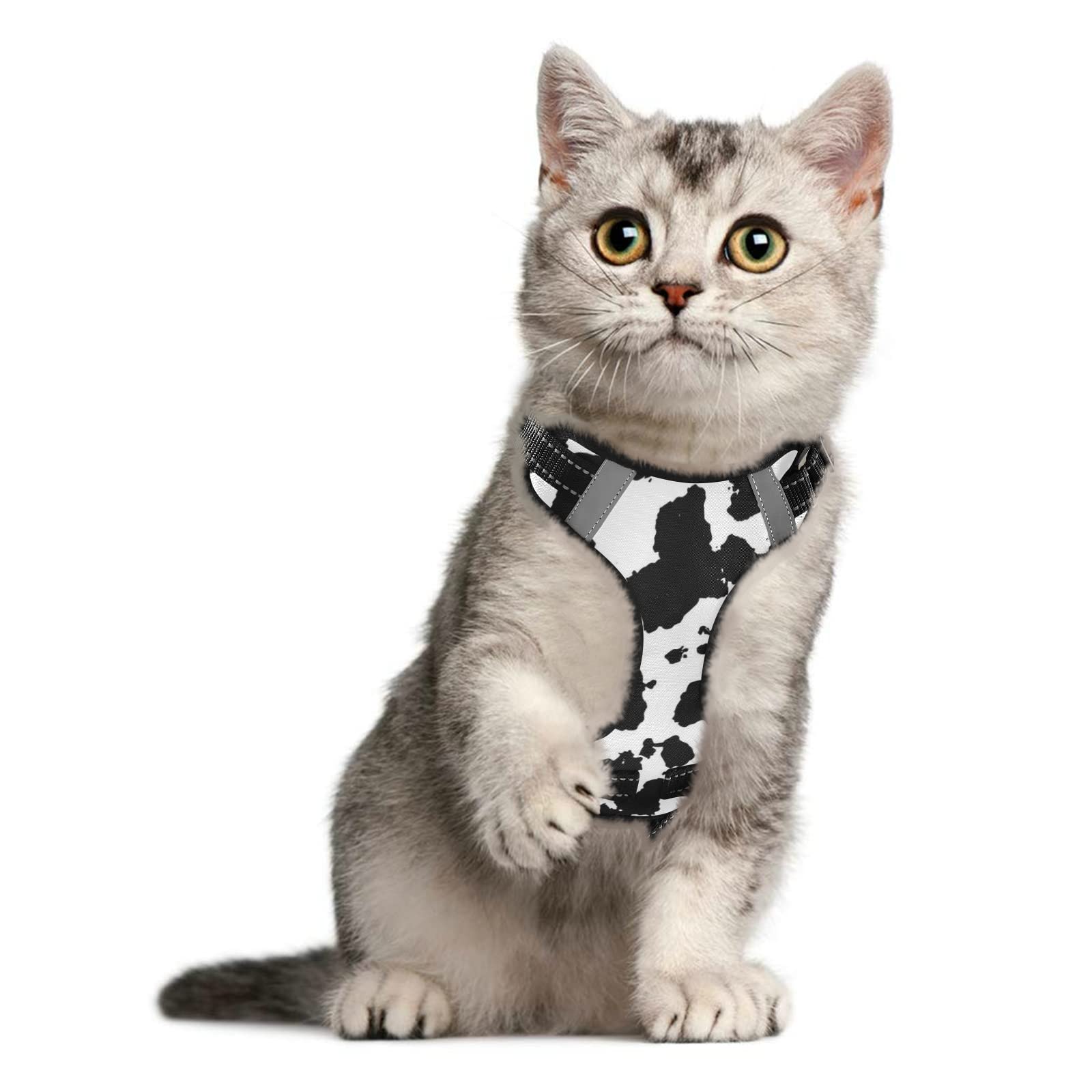 Black and White Cow Print Reflective Adjustable No-Pull Pet Harness with Leash Clips & Easy Control Handle - Anti-Slip Dog/Cat Vest for Walking, Running & Outdoor Adventures
