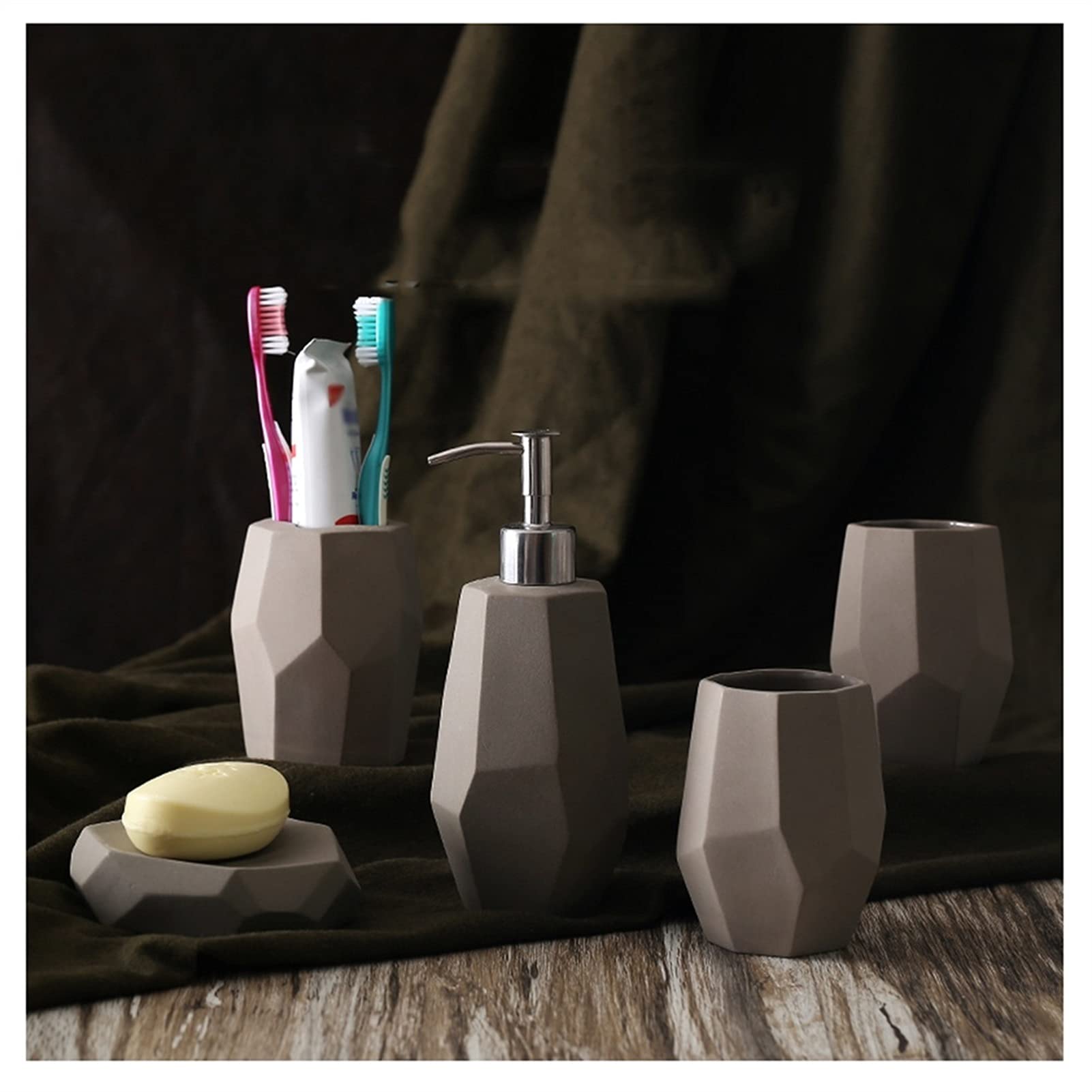 5-Piece Refillable Liquid Hand Soap Dispenser Set - Bathroom & Dormitory Essentials (Soap Dispenser, Toothbrush Cup, Mouthwash Cup, Soap Dish) - Solid Color Diamond Design for Home, Office & Travel Use