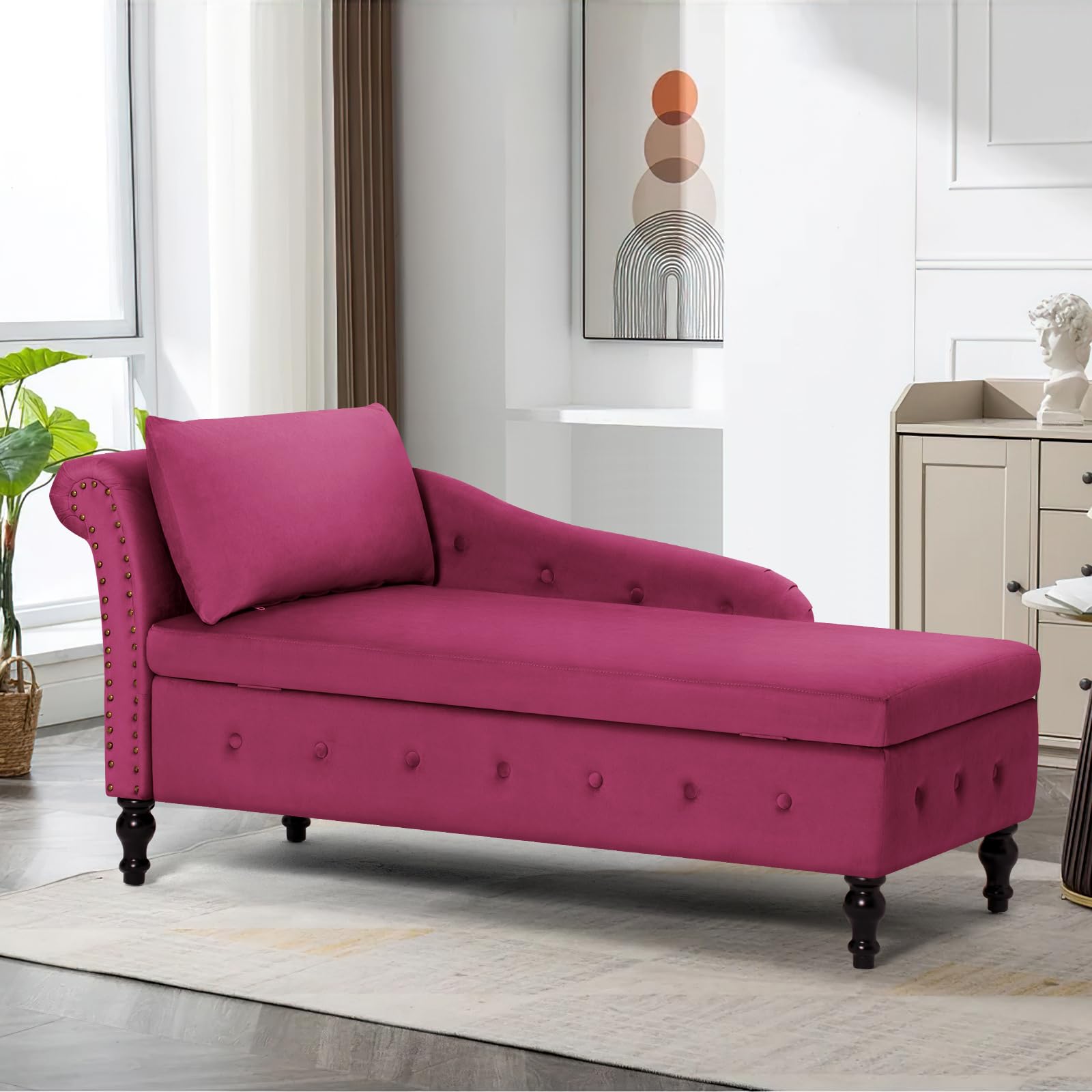 Velvet Upholstered Chaise Lounge with Left Armrest & Lumbar Pillow, Button Tufted Storage Sofa - Modern Lounge Chair for Bedroom, Living Room & Office - Perfect for Relaxing, Reading & Napping (Fuchsia)