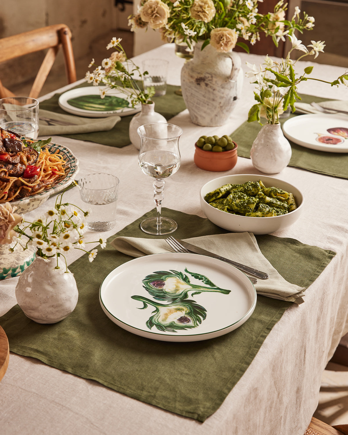 Organic Oatmeal & Sage Table Linen Set with Olive Accents - Perfect for Farmhouse Dining & Rustic Home Decor