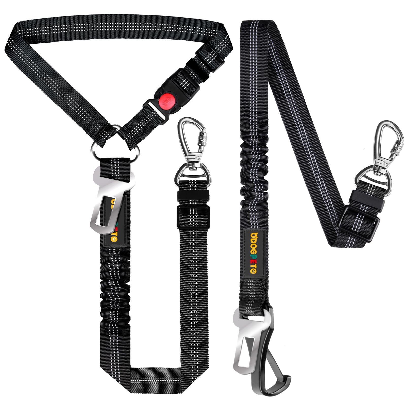Adjustable 4-in-1 Reflective Dog Car Seatbelt with Hook & Buckle, Secure Dog Seat Belt Harness for Vehicle Headrest & Swivel Carabiner, Includes Poop Bag, Black - Ideal for Safe Car Travel and Outdoor Adventures