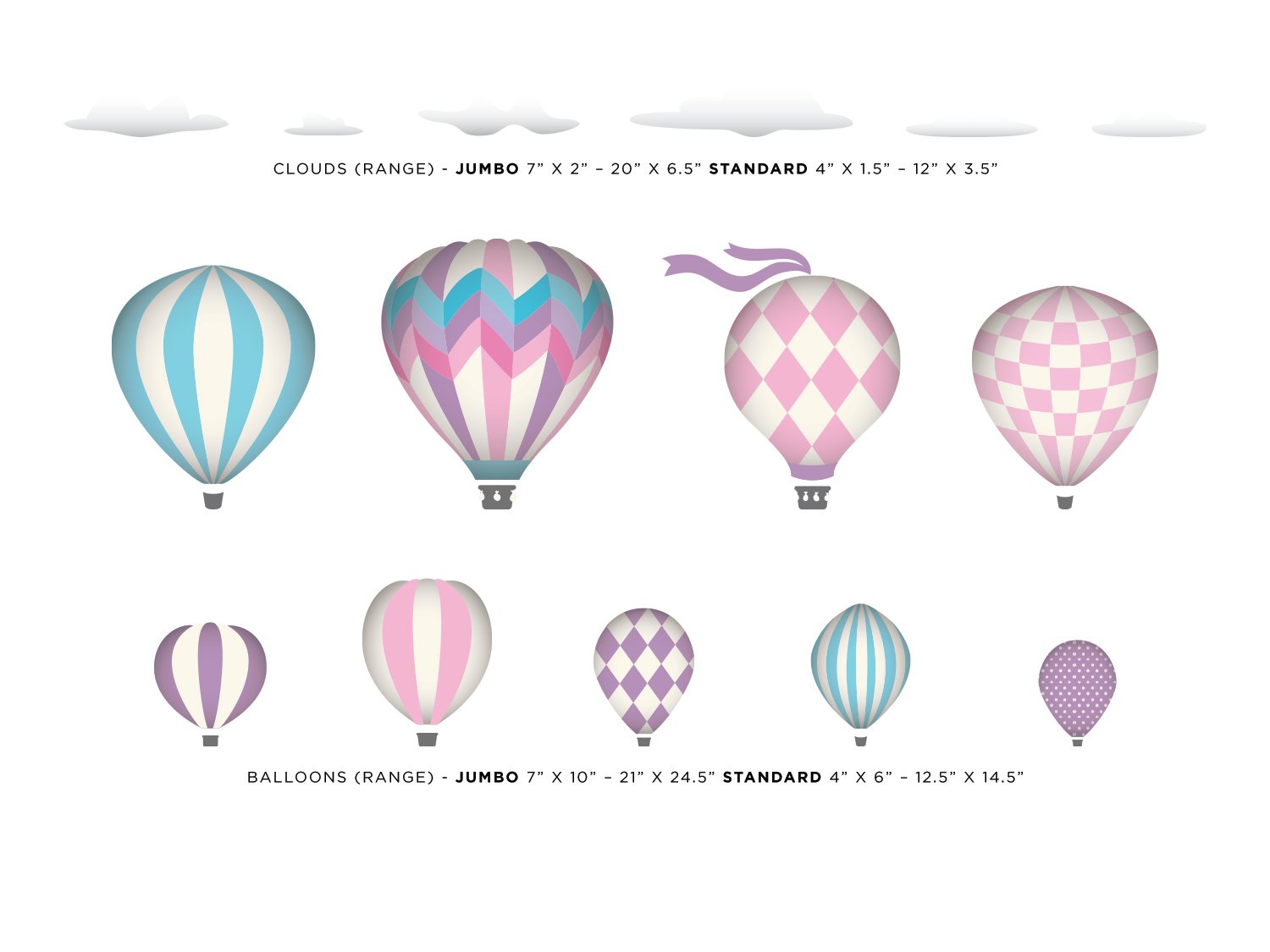 Jumbo Pink Hot Air Balloons Fabric Wall Decals - Set of 9 with Clouds - 5 Color Options | Nursery, Kids Room Decor, Birthday Party Backdrop