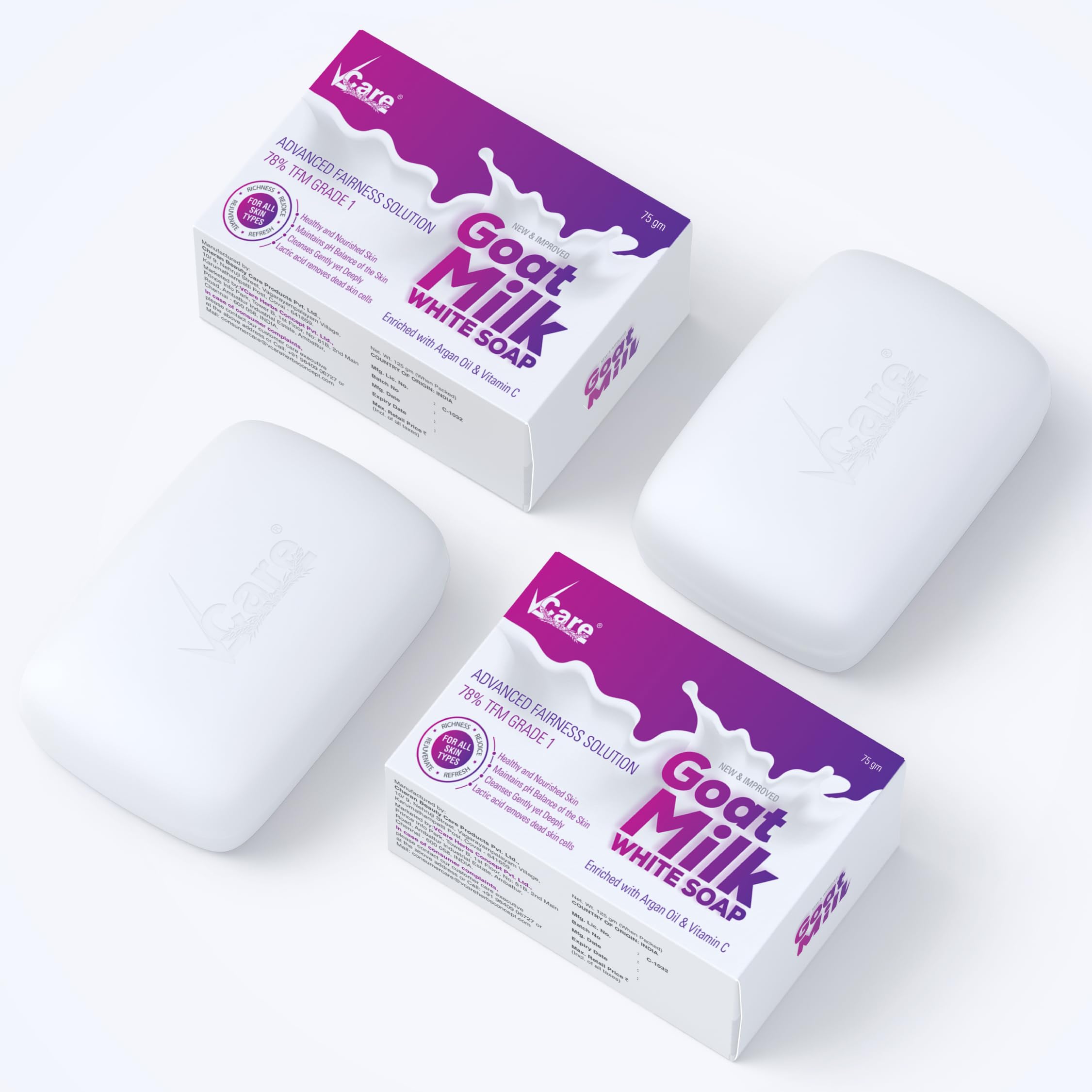 VCare Goat Milk Soap Bar with Vitamin C & Argan Oil - Deep Exfoliation & Hydration for Women & Men | Sulfate Free, Paraben Free, Natural Bath Soap - 75g (Pack of 5) | Gentle Cleansing for Dry, Sensitive Skin & Daily Face & Body Care