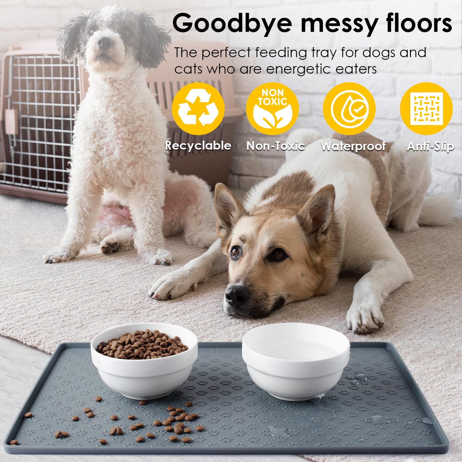Non-Slip Silicone Pet Food Mat with Raised Edges - Waterproof Dog & Cat Feeding Mat for Mess-Free Meals, Spill Proof Floor Protection, Dishwasher Safe (Grey, 24