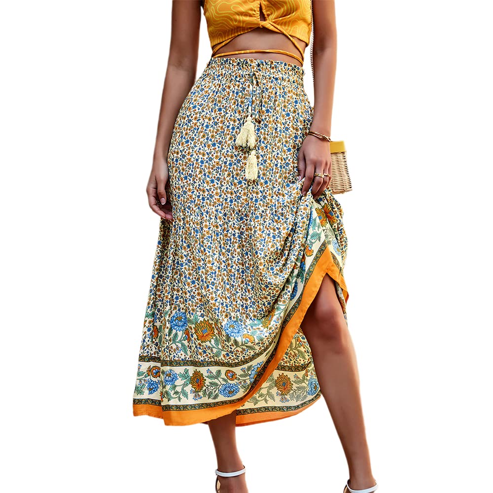 hathne Women's Boho Floral Print Skirt - Elastic Waist Pleated A-Line Swing Midi Skirt for Summer, Beach, Vacation & Casual Wear