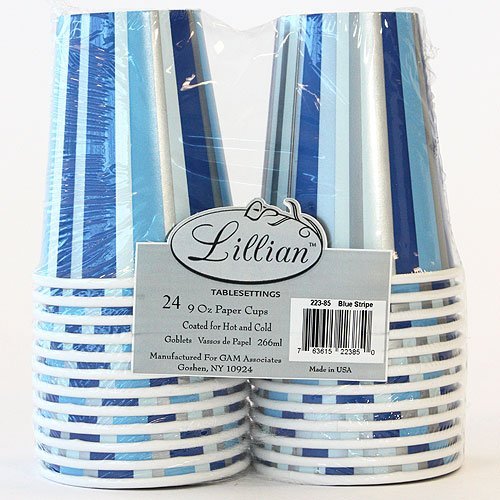 Lillian 24-Piece Twin Stack Paper Cups Set - 9oz Blue Stripe Disposable Cups for Parties, Picnics & Outdoor Events