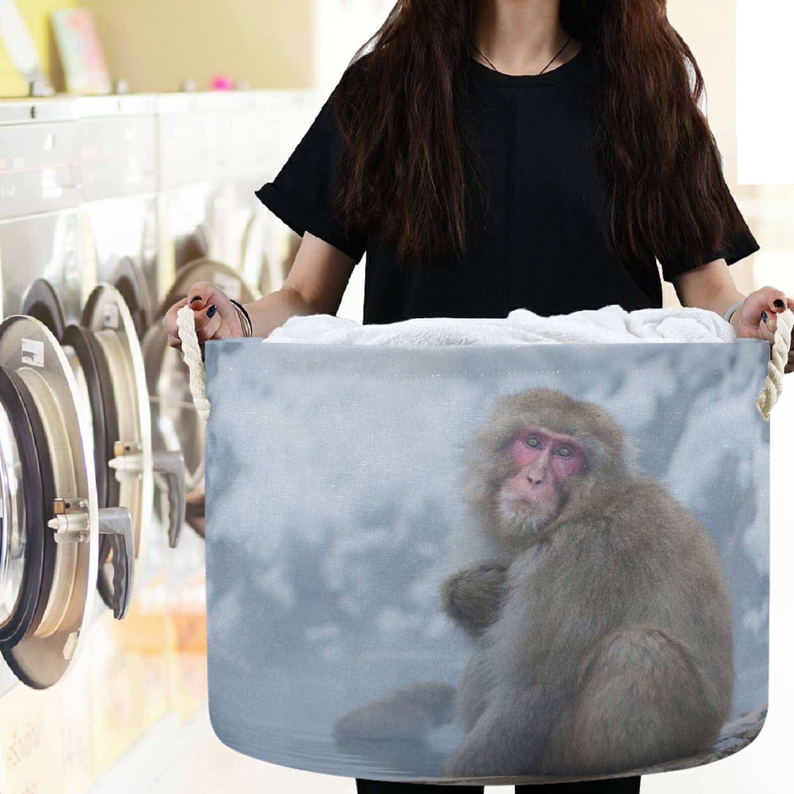 Visesunny Collapsible Fabric Storage Bin - Snow Monkey Laundry Basket & Toy Organizer for Clothes, Toys & More | Perfect for Bathroom, Bedroom, Nursery, Closet & Office Organization