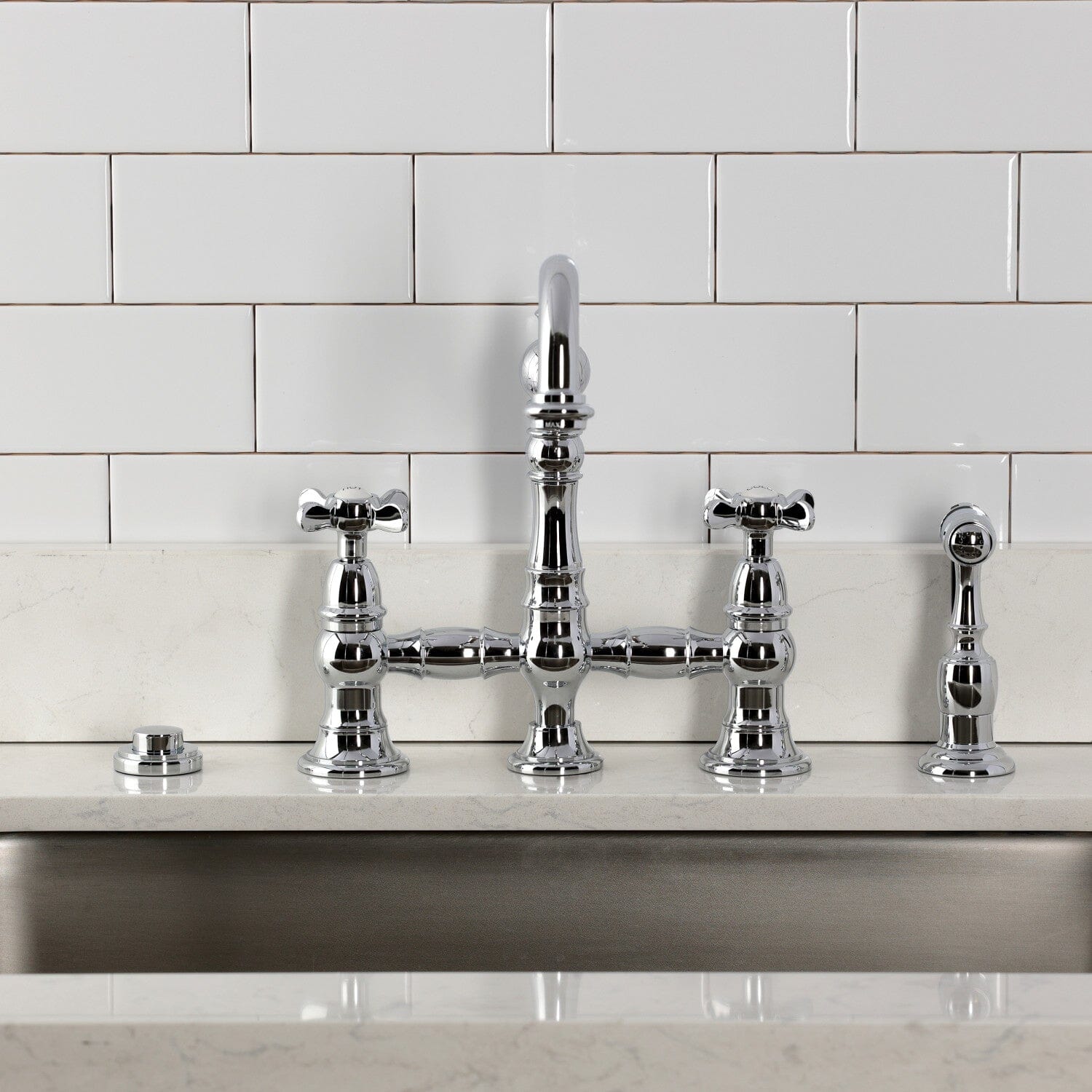 Essex Two Handle 4-Hole Deck Mount Bridge Kitchen Faucet with Brass Side Sprayer - Perfect for Farmhouse & Traditional Kitchen Sinks