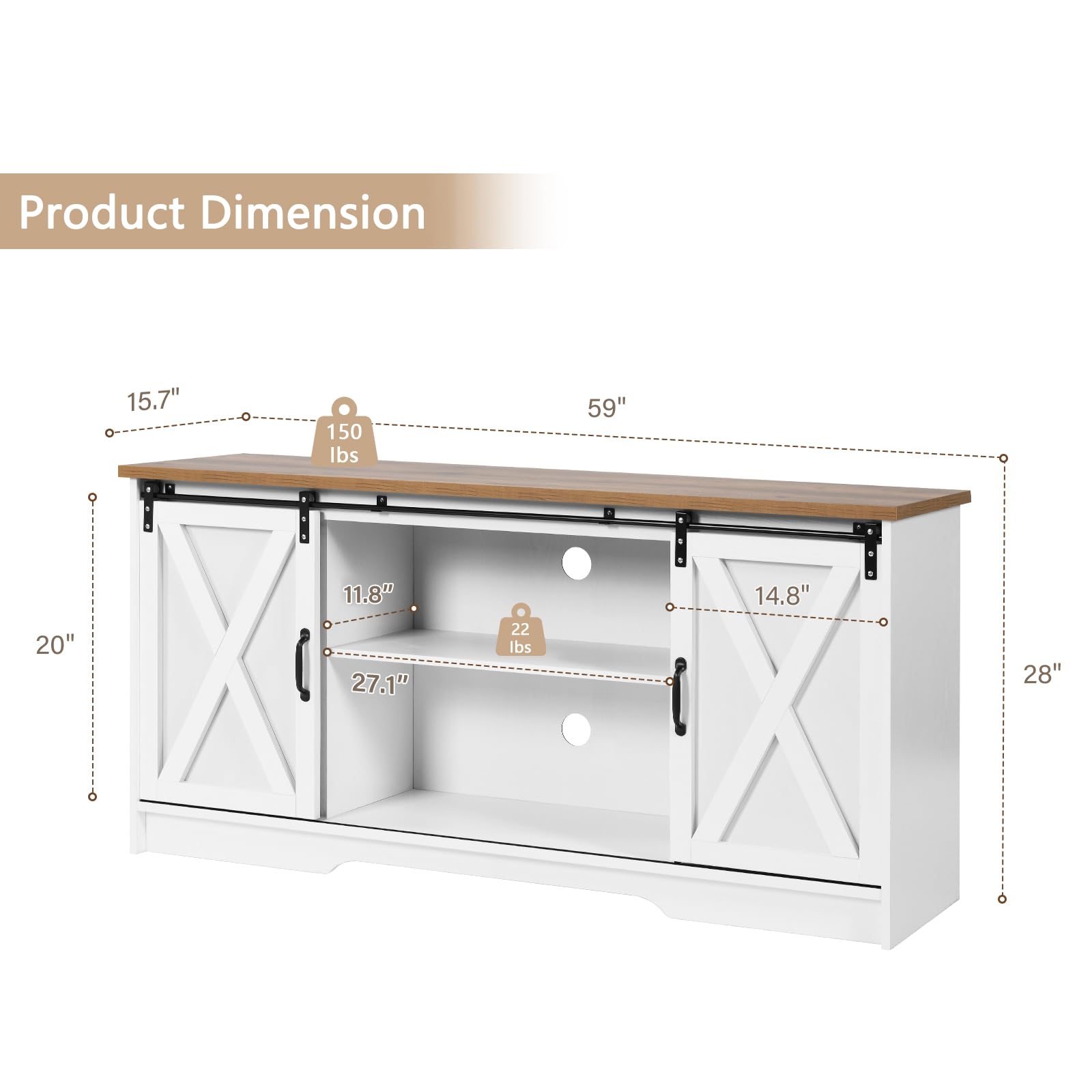 4 EVER WINNER White TV Stand for 65 Inch TV, Farmhouse Style Entertainment Center with Sliding Barn Doors - Holds TVs up to 65+ Inches, Adjustable Shelves for Living Room, Bedroom or Home Theater Setup