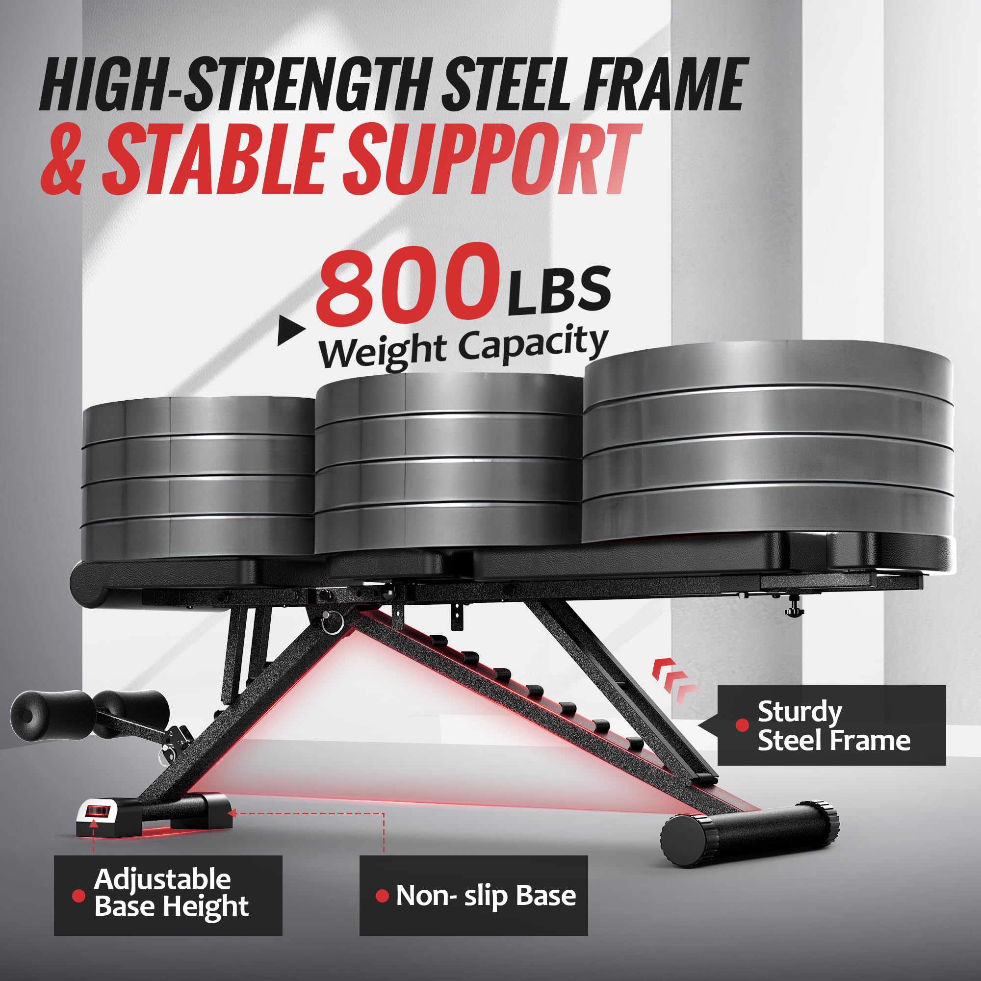 Adjustable Weight Bench for Home Gym - Foldable Workout Bench Press with Headrest, 800lb Capacity for Incline/Flat/Decline Exercises & Sit-Ups | Perfect for Strength Training, Bodybuilding & Home Workouts
