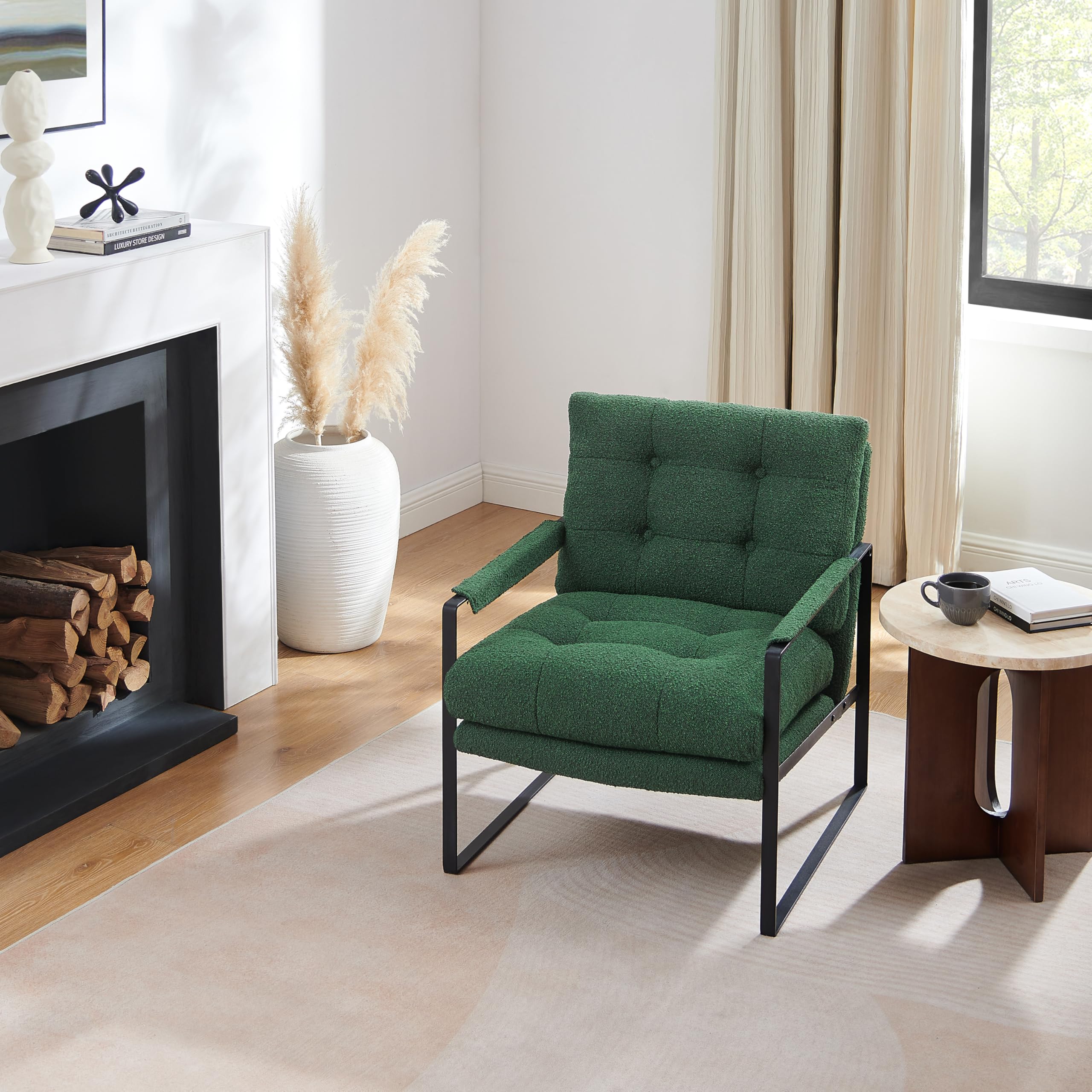 Mid Century Modern Accent Chair - Fat Ant Comfy Boucle Fabric Lounge Chair with Cushions, Sturdy Metal Frame Armchair for Living Room, Bedroom & Reading Nook (Green) - Perfect for Relaxing, Reading & Home Decor