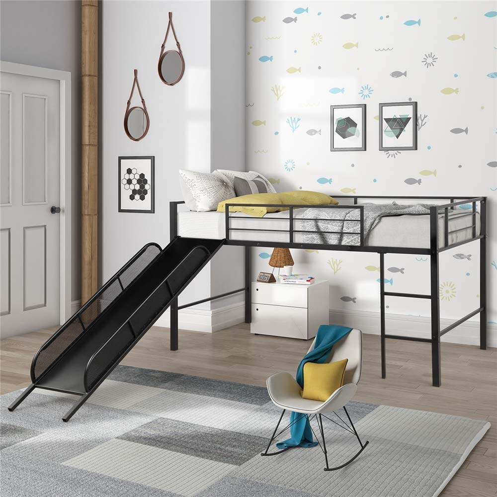 **Metal Twin Low Loft Bed with Slide & Guardrails for Kids - Safe Toddler Bed for Boys & Girls, No Box Spring Needed, Space-Saving Multifunctional Design (Black) - Perfect for Small Bedrooms, Playrooms & Dorm Decor**