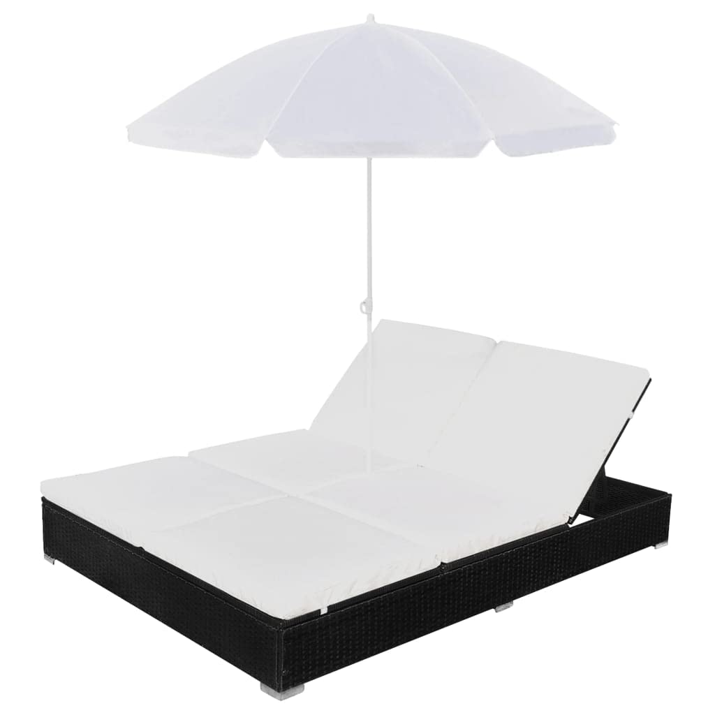 vidaXL Double Patio Lounge Bed - Weather-Resistant Waterproof Poly Rattan Outdoor Sun Lounger with Adjustable Positions & Umbrella - Black - Perfect for Poolside Relaxation, Backyard Lounging, and Patio Comfort