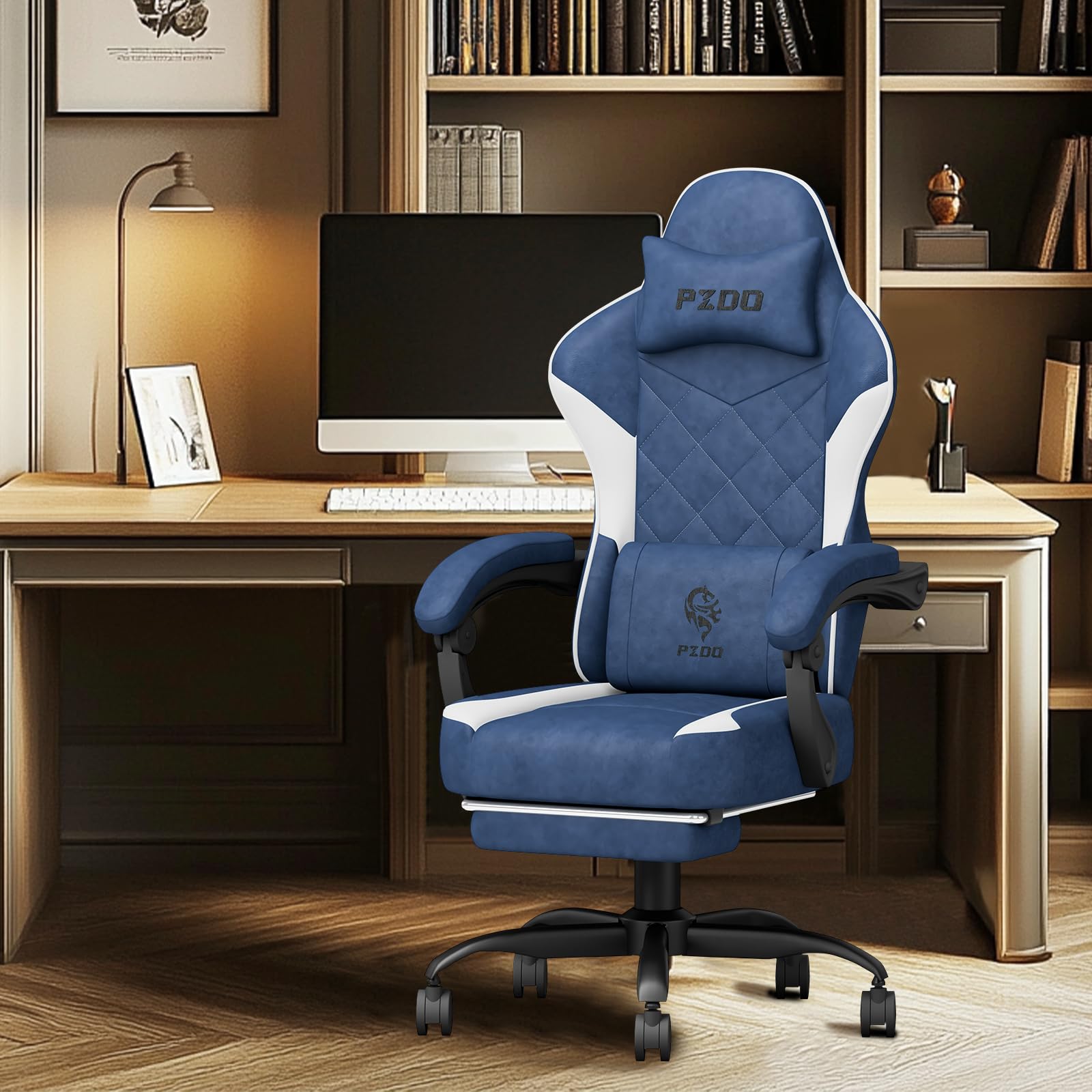 Ergonomic Gaming Chair for Adults & Teens - High Back Fabric PC Gaming Chair with Adjustable Footrest, Wide Cushion & Recliner - Supports 300LBS - Blue - Perfect for Esports, Streaming & Home Office Setup