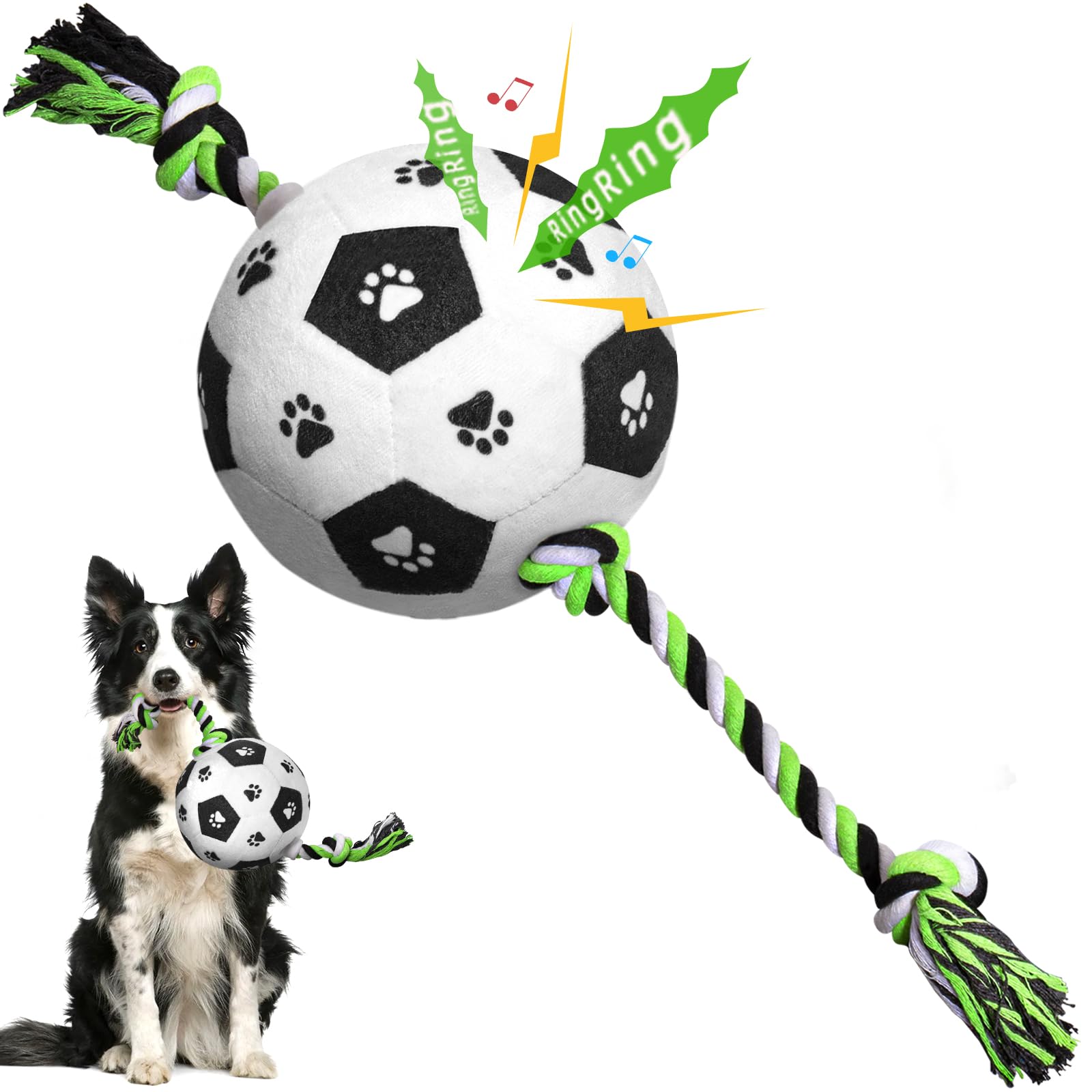 Squeaky Dog Rope Toys with Plush Soccer Ball - Interactive Tug of War Dog Toys with Built-in Squeaker & Jingle Bell for Small Medium Dogs - Perfect for Puppy Playtime, Training, Birthday Gifts & Christmas Stocking Stuffers