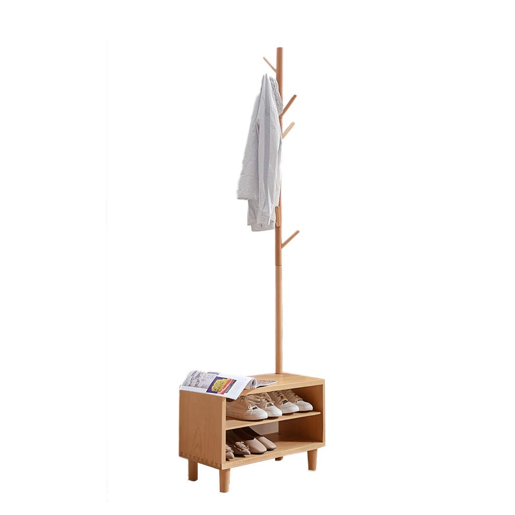 2-Tier Wooden Shoe Storage Bench with 8 Hooks - 45cm Entryway Shoe Rack, Coat Rack & Footstool for Hallway, Living Room, Bedroom | Space-Saving Organizer for Shoes, Bags & Accessories | Natural Wood Color