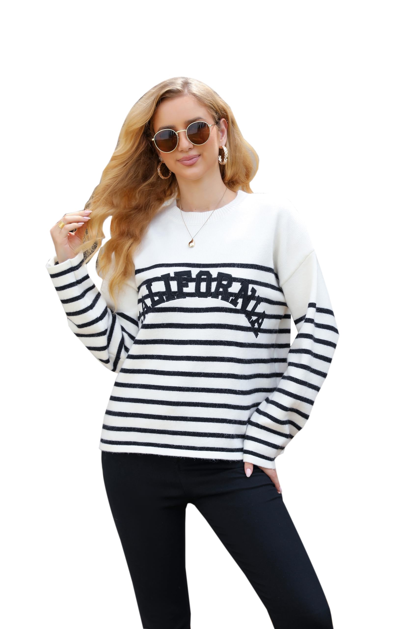 Women's Fall Winter Striped Knit Sweater - Long Sleeve Crew Neck Oversized Pullover Top | Cozy Casual Wear for Office, Dating & Weekend Outfits