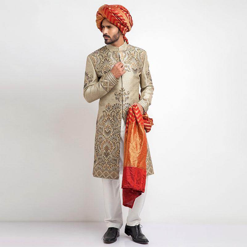 Elegant Ecru & Grey Brocade Sherwani for Men - Traditional Indian Wedding Attire - Perfect for Weddings, Festivals & Special Occasions