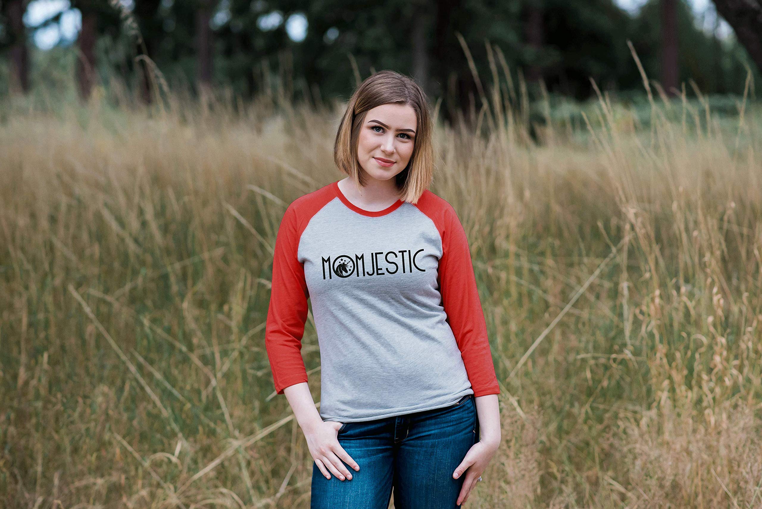 7 ate 9 Apparel Women's Momjestic Unicorn Raglan Tee - Soft & Comfortable Short Sleeve Shirt for Moms - Perfect for Casual Wear, Mother's Day Gifts & Everyday Outfits