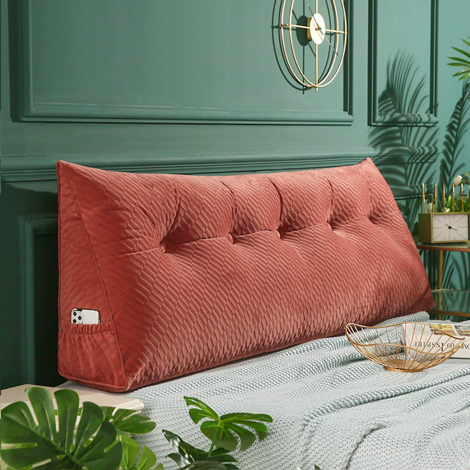 Large Triangular Headboard Pillow for Bed - Zippered Lumbar Support & Reading Pillow with Soft Velvety Cover - Rust Red Body Pillow for Daybeds, Sofas & Relaxing at Home
