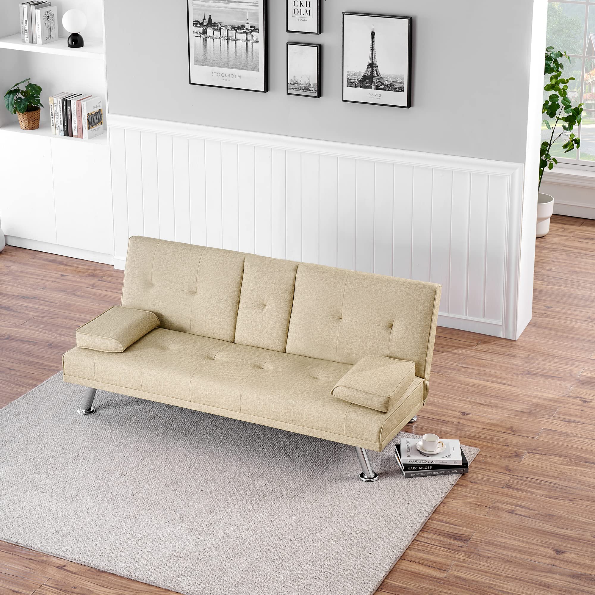 Modern Convertible Futon Sleeper Sofa with Pull-Out Bed - Tufted Loveseat & Daybed for Small Spaces - Beige PU Leather 67