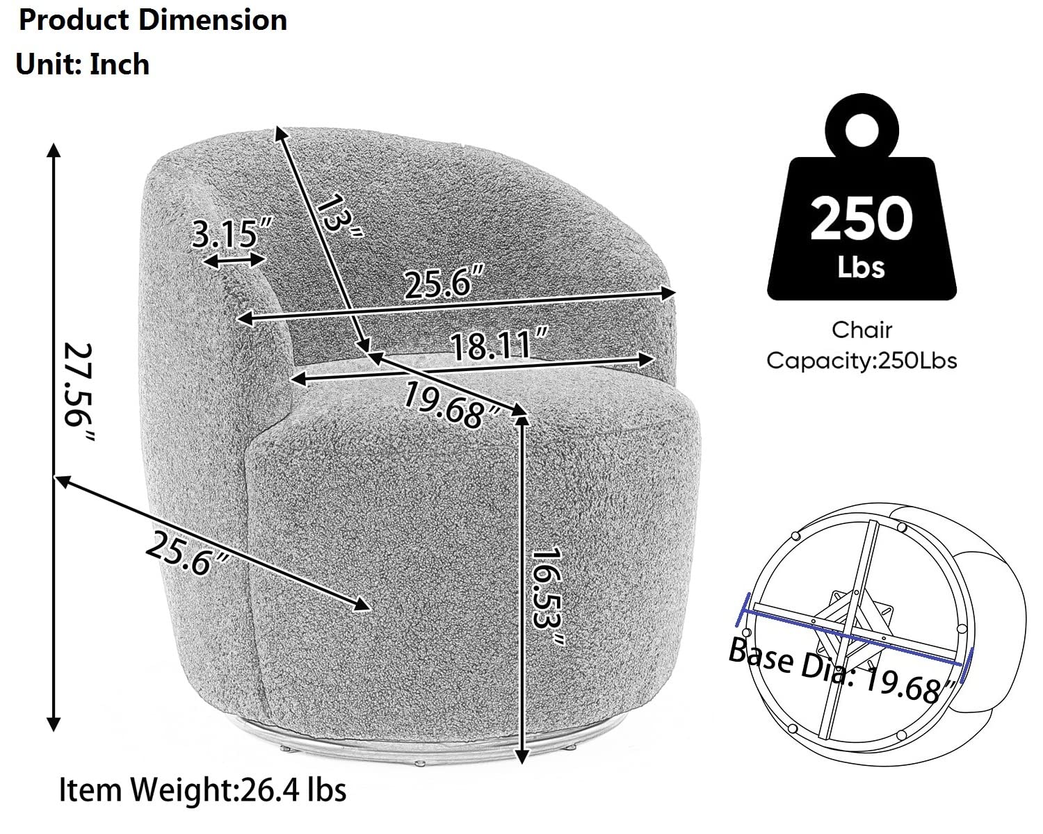 Teddy Boucle Swivel Accent Chair - 360° Rotating Round Barrel Armchair with Upholstered Seat for Living Room, Bedroom & Office - Cozy Reading Chair in Light Blue for Relaxing, Lounging & Home Decor