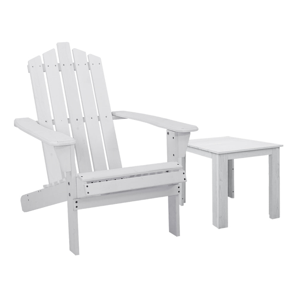 2-Piece White Adirondack Outdoor Table and Chair Set - Durable Wooden Patio Furniture for Beach, Garden, and Backyard Relaxation