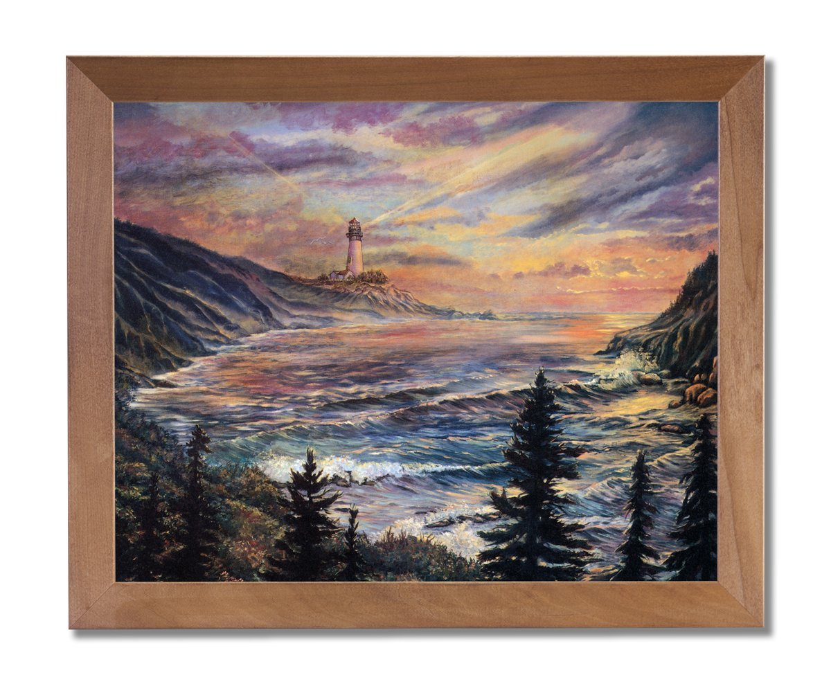 Lake Beach Lighthouse Night Wall Art Print - Honey Framed Coastal Decor for Living Room, Bedroom & Office