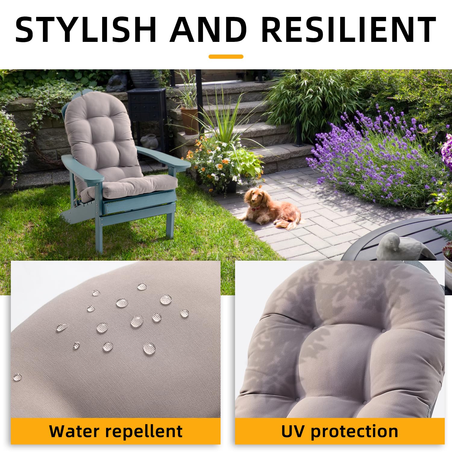 FILUXE Waterproof Adirondack & Rocking Chair Cushion - High Back Patio Cushions with Ties, Fade-Resistant All-Weather Outdoor Pillow for Garden, Deck, Porch, Poolside (Gray, 1 Pack)