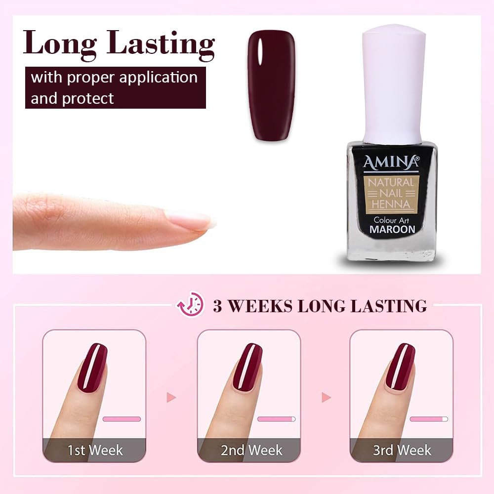 Amina Natural Nail Henna Polish for Women - Breathable, Long Lasting Matte Finish Vegan Nail Polish (Maroon, Pack of 3, 15ml) | Perfect for Everyday Wear, Special Occasions & Salon-Quality Manicures at Home