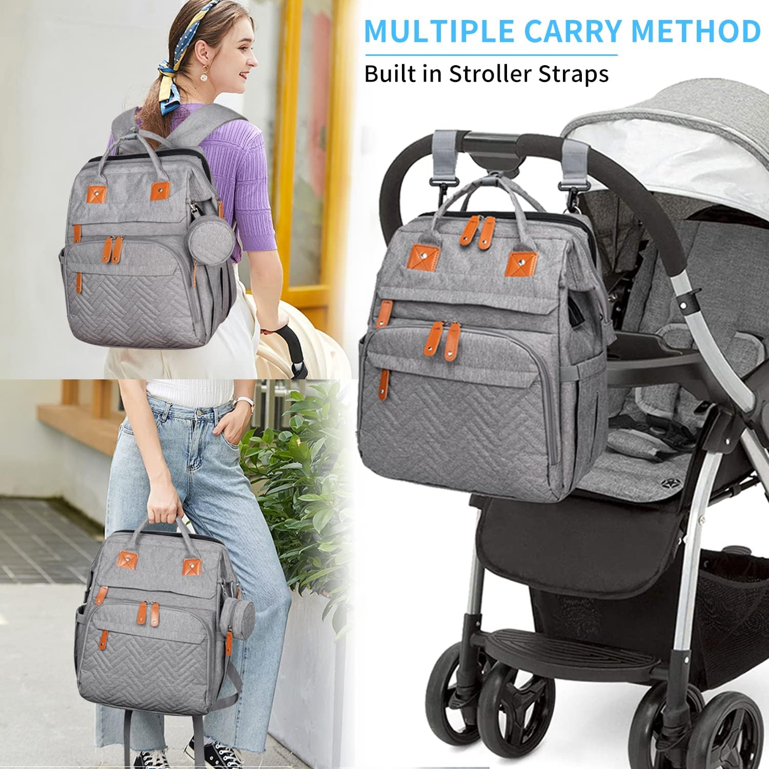KABAQOO Large Waterproof Diaper Backpack for Baby Boys & Girls - Multifunctional Travel Bag with USB Charging Port - Perfect for Moms & Dads (Grey) | Ideal for Daycare, Travel & Outdoor Activities