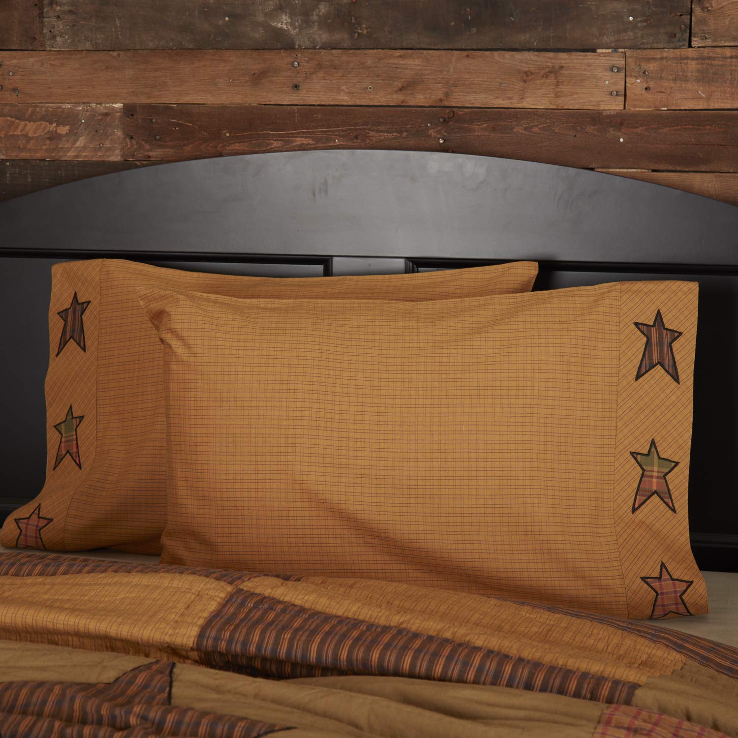 VHC Brands Stratton Star Cotton Primitive Bedding Appliqued Standard Pillowcase Set of 2, Dark Khaki Tan - Farmhouse Decor for Living Room & Bedroom