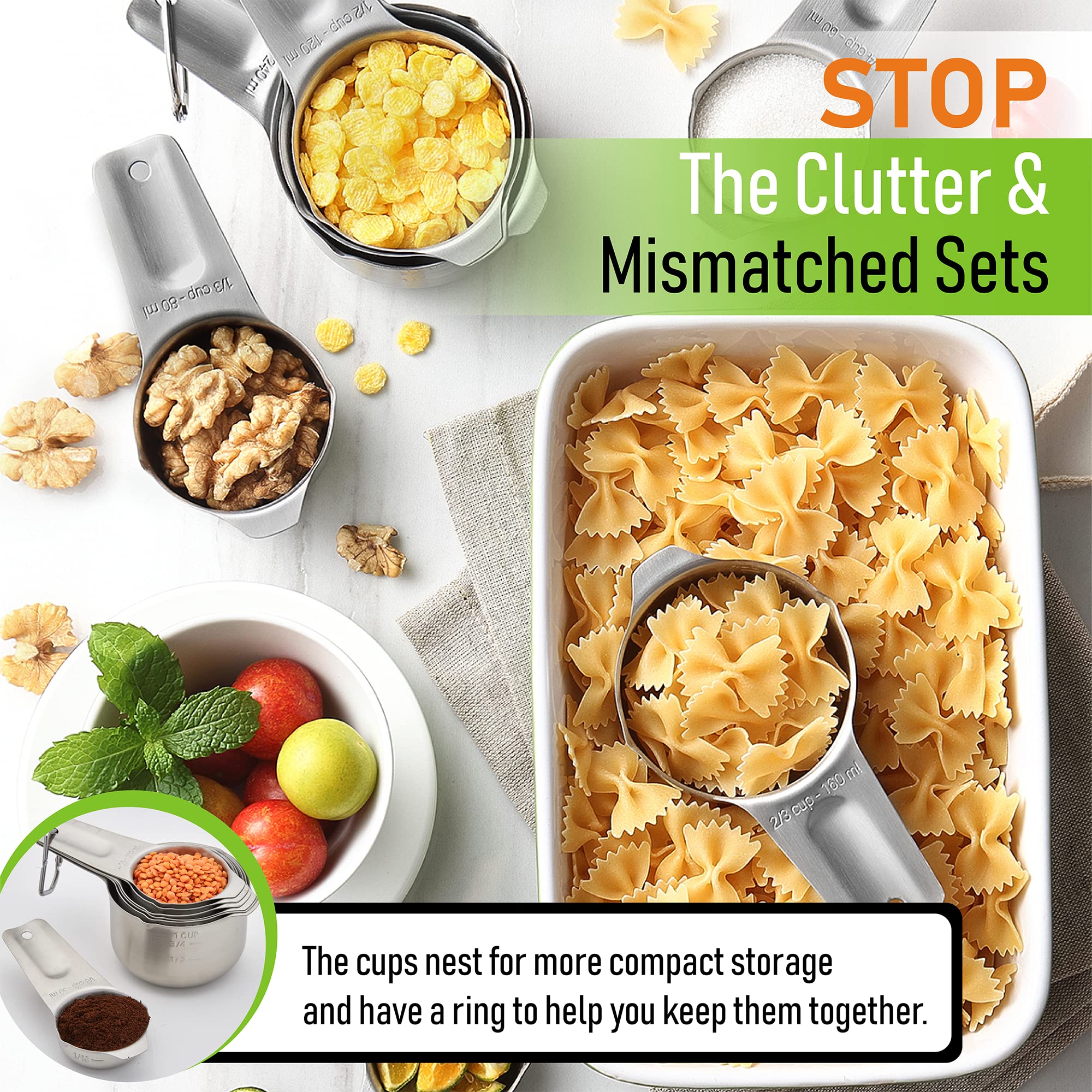 Spring Chef Stainless Steel Measuring Spoons & Cups Set - 2-Piece Kitchen Bundle for Baking & Cooking | Rectangular Spoons & Round Cups