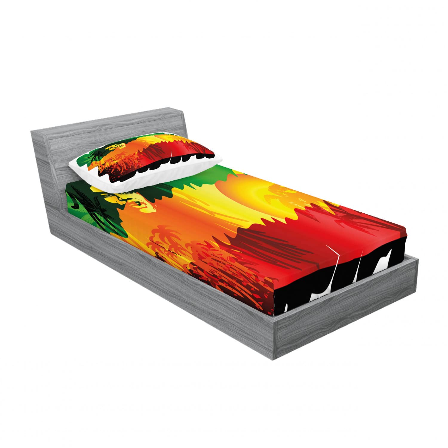 Ambesonne Rasta 2-Pack Twin Fitted Sheet & Pillow Sham Set - Reggae Music Inspired Bedding Decor (2 Fitted Sheets + 2 Pillow Covers) in Vibrant Orange & Yellow | Perfect for Music Lovers' Bedrooms, Dorm Rooms & Bohemian Home Decor