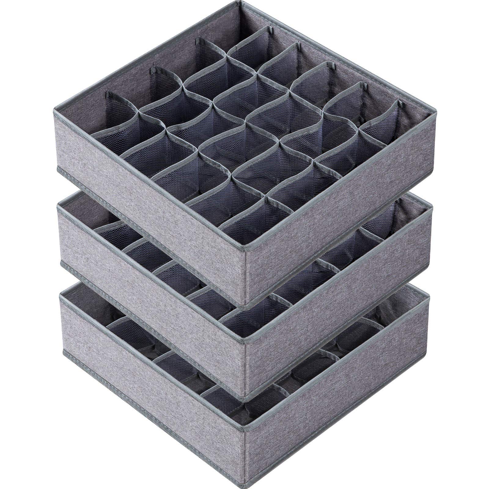 Criusia 3-Pack Sock & Underwear Organizer Dividers - 64-Cell Foldable Fabric Drawer Storage Box for Socks, Underwear, Ties (16+24+24 Cells, Gray) | Closet Cabinet Organization for Men & Women