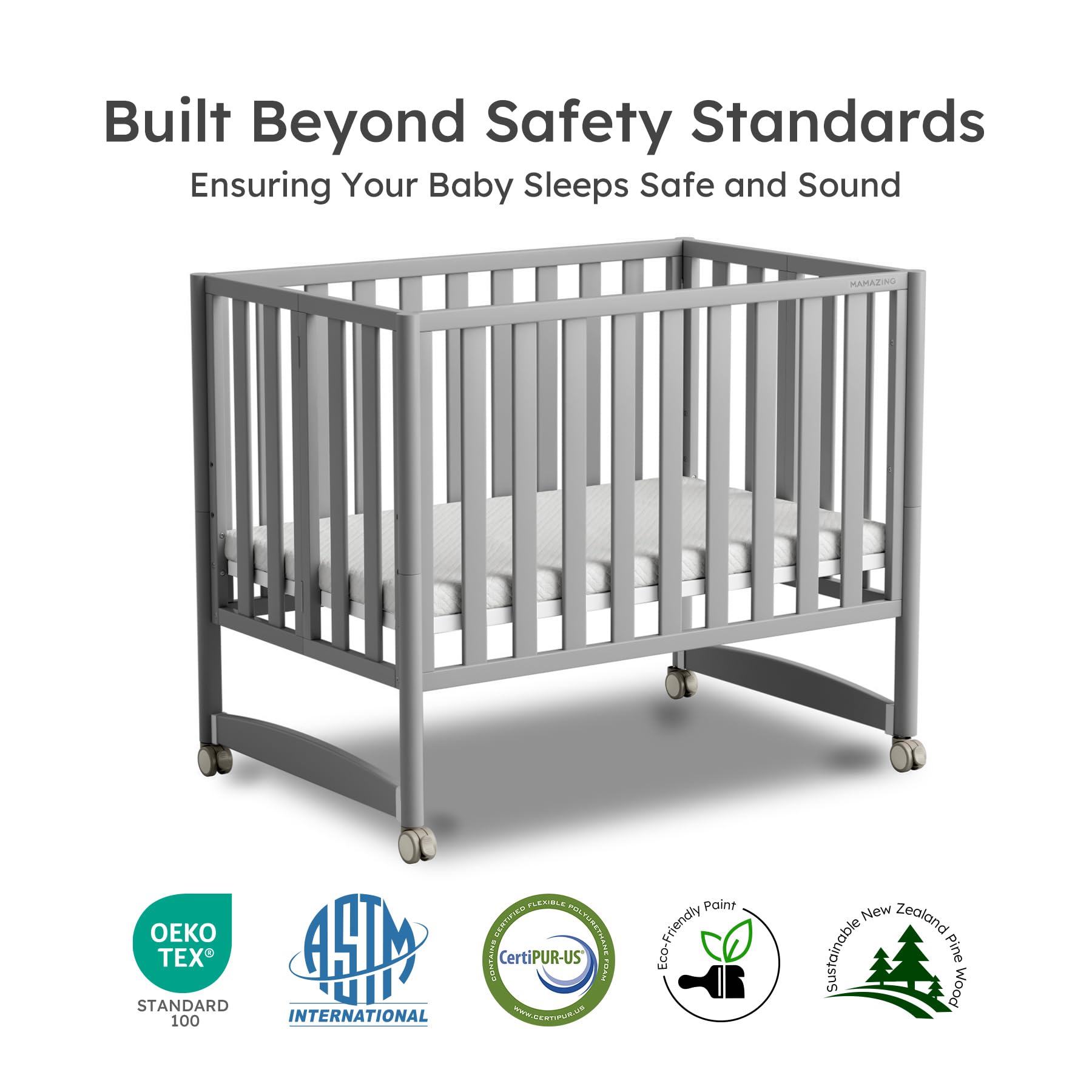 EvoNook 7-in-1 Convertible Mini Crib - Portable Folding Baby Bed with Wheels, 100% New Zealand Pine Wood, 4 Adjustable Heights (Crib to Toddler Bed) - Perfect for Nursery, Small Spaces & Travel