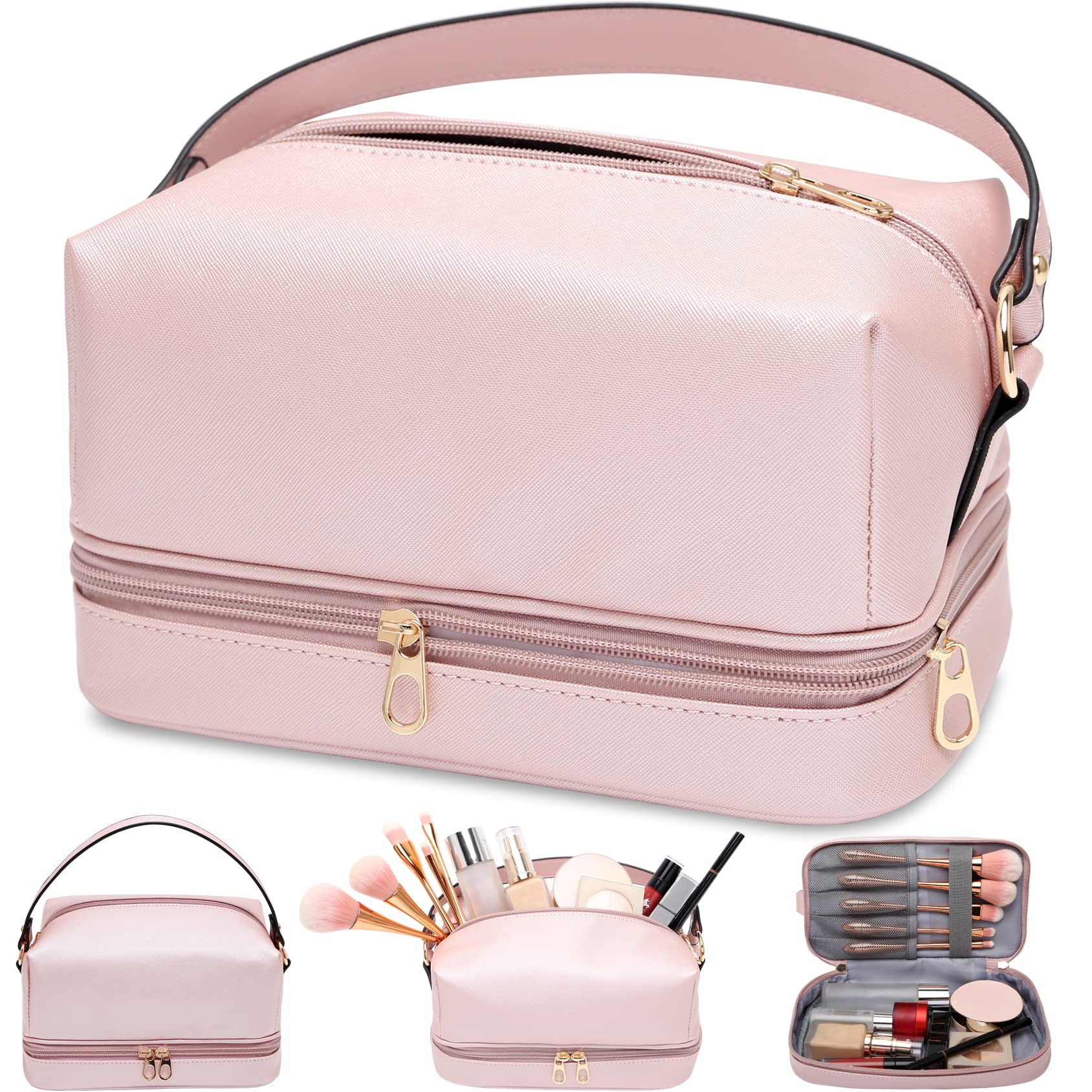 Leather Makeup Bag for Women - Large Travel Toiletry Organizer with Cosmetic Pouch, Perfect for Dorm Room Essentials & On-the-Go | Ideal Graduation, Birthday & Mother's Day Gift for Her | Great for Travel, Gym & Daily Use